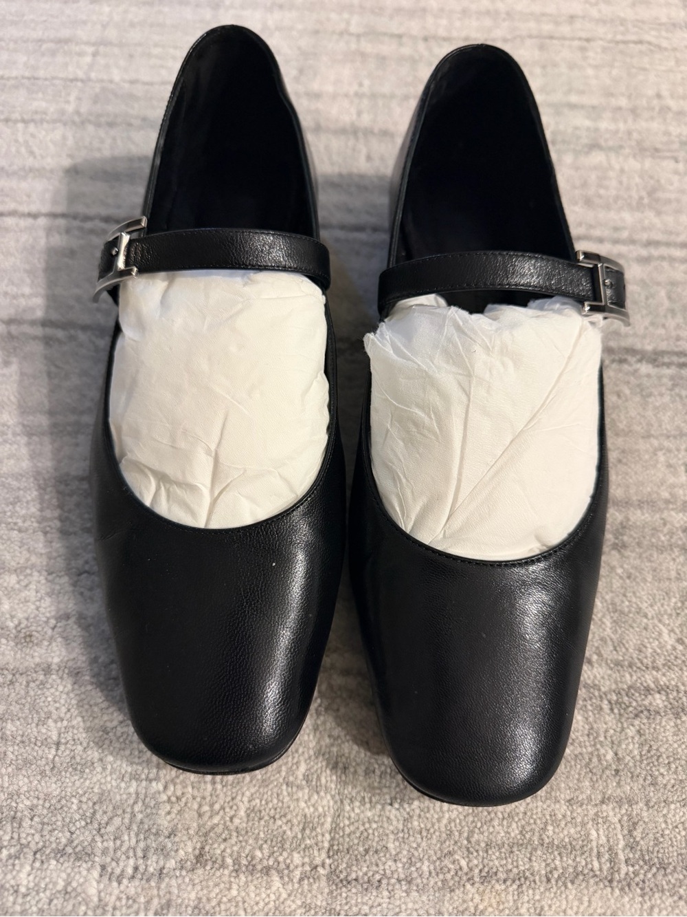 Hermes Black Leather Mary Jane Flats with Silver Buckles